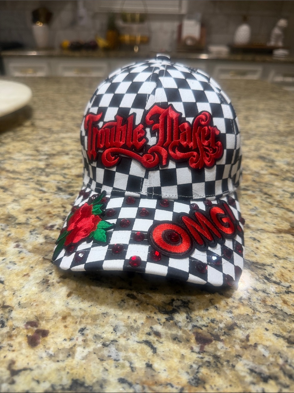 Black & White Checkered Baseball Cap with Red Embroidered Accents